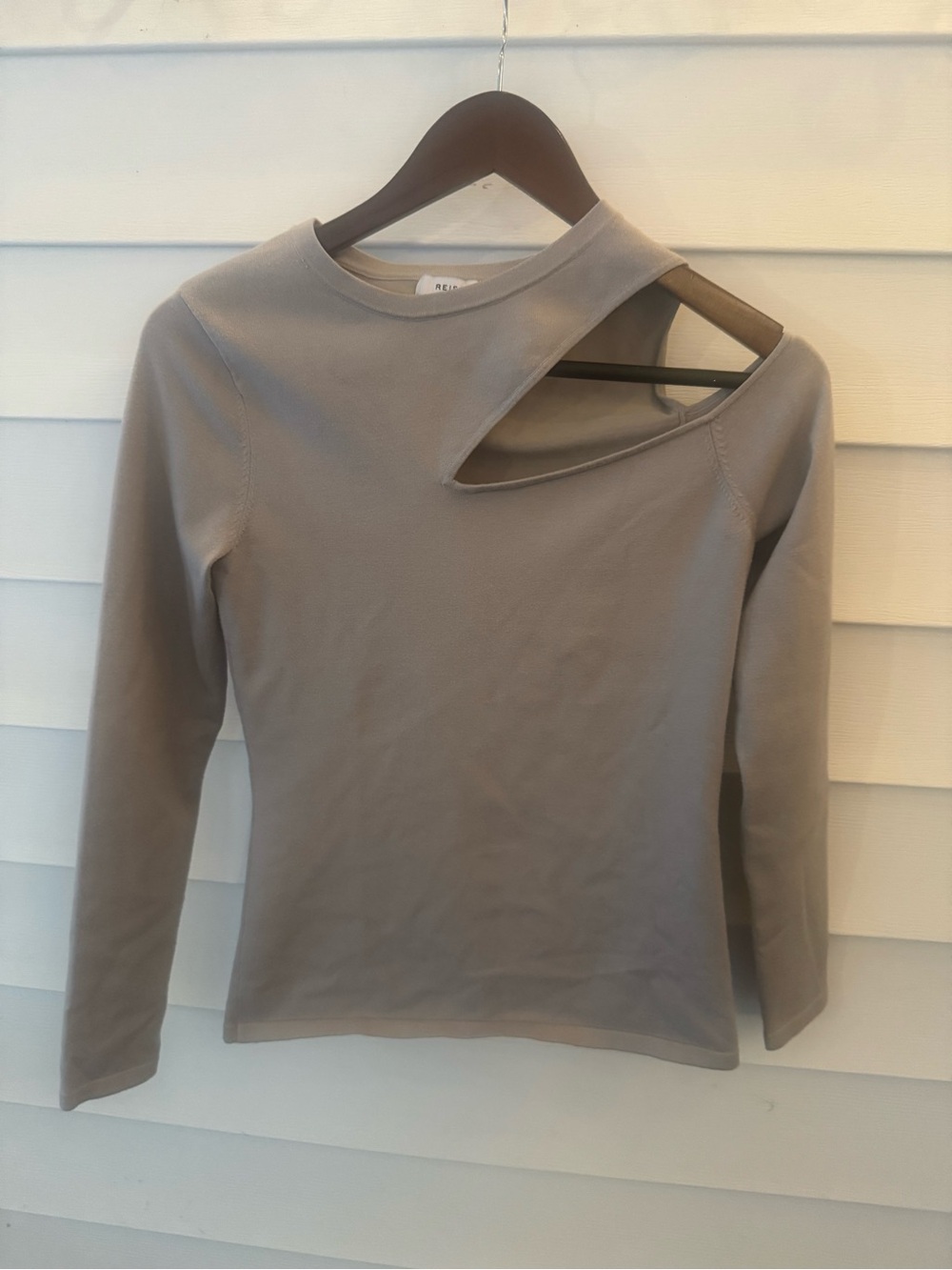 Reiss Taupe Asymmetric Cutout Long-Sleeve Top